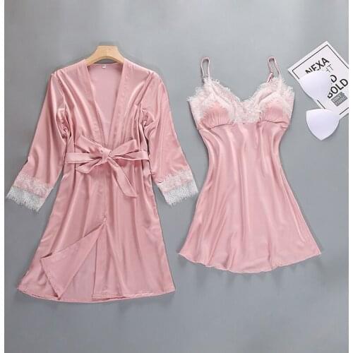 Sexy Womens Robe & Gown Sets Lace Bathrobe + Night Dress 2 Pieces Suit Sleepwear Womens Sleep Set Faux Silk Robe Femme Lingerie