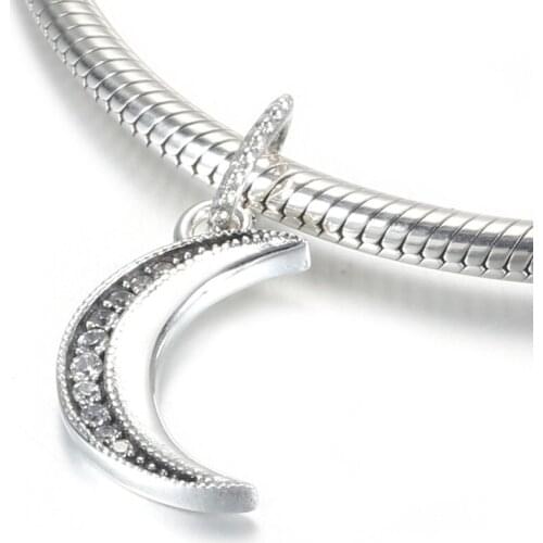 S925 Pendant Charm Clear CZ Moon Dangle Bead fit Lady Bracelet & Bangle DIY Jewelry