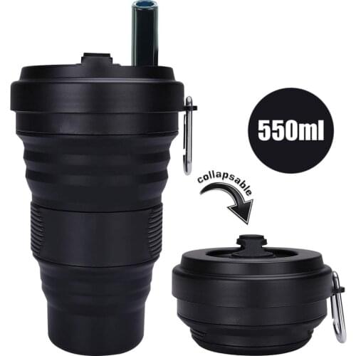 Collapsible Silicone Coffee Cup with Straw Lid 550ml Folding Mug Leak Proof BPA Free Reusable Portable Water Bottle Travel black