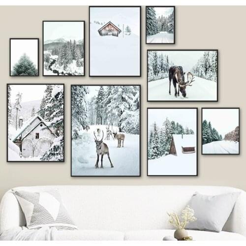 Snow Mountain Deer Forest Road House Sky Wall Art Canvas Painting Nordic Poster And Prints Wall Pictures For Living Room Decor