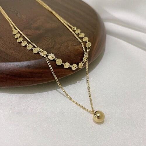 VSnow Trendy Double Layer Metallic Disc Circle Beaded Pendant Necklace for Women Gold Chain Party Necklace Jewelry Accessories