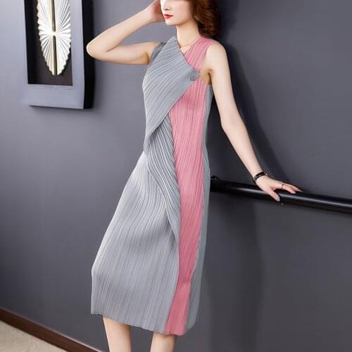 High-end Design Womens Dress Black Miyak Pleated Sleeveless Stitching Fashionable Asymmetrical Party Dress for Autumn Spring