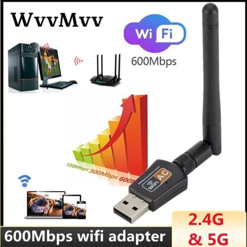 WVVMVV Mini 600Mbps USB Wifi Adapter 5.8GHz+2.4GHz USB2.0 Receiver Wireless Network Card Lan Wi-Fi High Speed Antenna