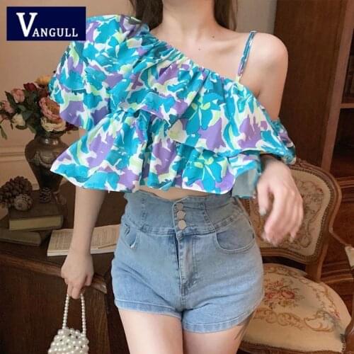 Vangull Blue Printing Skew Collar T-shirt Women 2021 Summer Strapless Lantern Sleeve Ruffles Casual Fashion Female T-shirt Tops