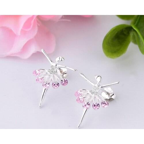100% 925 Silver Flower Fairy Ballet Ballerina Dancer Zirconia Stud Earring For Women Kid Pendientes Fashion 2021 Wedding Gift