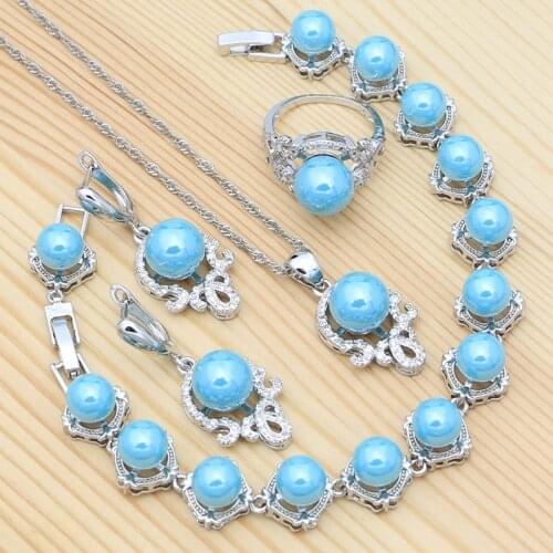 925 Sterling Silver Bridal Jewelry Set Anniversary Jewelry Blue Pearl Ring Earrings Bracelet Pendant Chain for Women