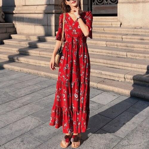 Bella philosophy 2020 Sexy Dress Women Summer Fashion Bohemian Floral Beach Ladies Chiffon Maxi Dress Casual Ropa Mujer Verano