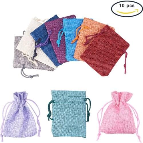 10pcs 7x9cm Mixed Color Burlap Favor Gift Bags, Linen Jewelry Pouches with Drawstring for Gifts Jewelry and Storage