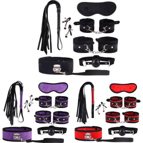 7Pcs BDSM Bondage Set Plush Handcuffs Ankle Cuffs Whip Collar Blindfold Hollow Ball Mouth Gag Nipple Clips Adult Sex Toy