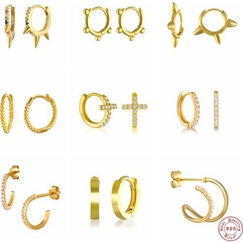 Aide 925 Sterling Silver Huggie Hoop Earrings with Zircon Crystal European Women Simple Rivet Cross Circle Earring Fine Jewelry