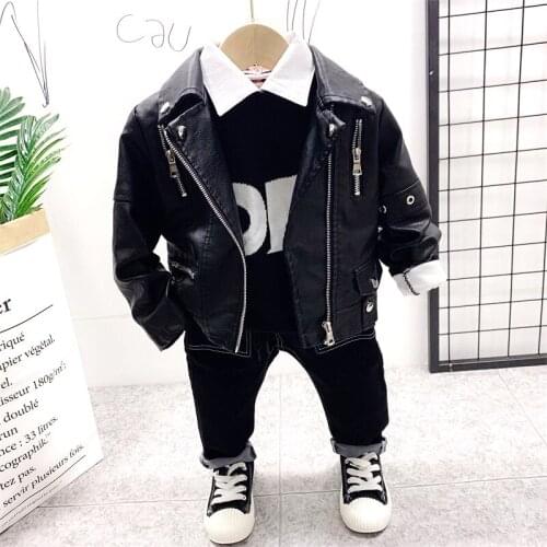 Toddler Kids Baby Suit Boy Clothes Set Fashion Faux Leather Coat + KNITTED SWEATER + Jeans Pants 3pcs Boys Outfits 2-6Years