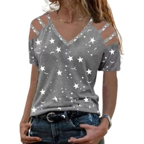 New V Neck Star Print Hollow Out Short Sleeve T Shirt Women Sexy Summer Loose Fashion Shirt Clothes Plus Size Rerto Pullover Top