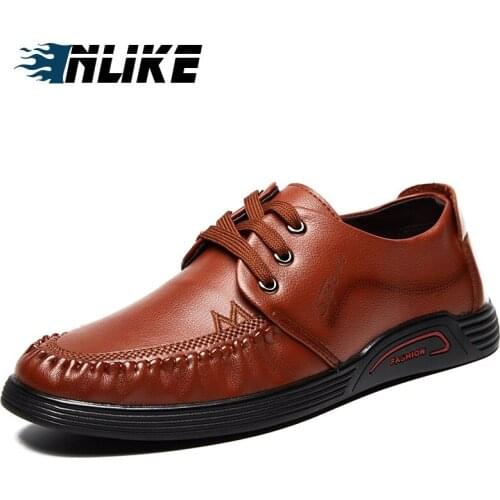 INLIKE Men Leather Flats Shoes Solid Color Non-slip Soft Casual Shoes Lace-Up Spring/Autumn Mens Shoes