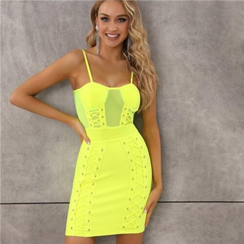 Summer Fashion Sexy Sleeveless Mesh Eyelet Neon Yellow Hot Pink Bodycon Bandage Dress 2021 Designer Fashion Party Dress Vestido