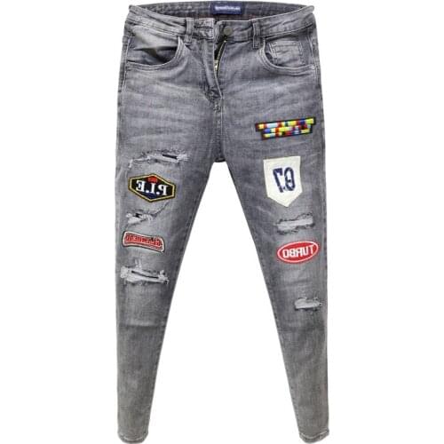 Fashion 2021 Social guy pants mens Korean thin and ripped summer slim-fit denim teenagers embroidery skinny jeans men
