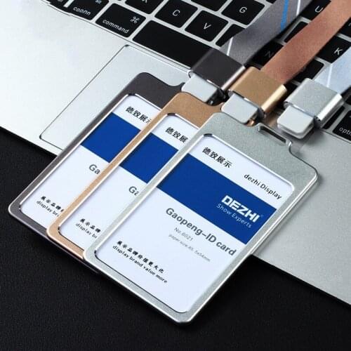 Fashion Card Cover Aluminum Alloy Vertical Name Tag Badge Holder ID Card Holders with Lanyard Business Work Card Metal Bags Case