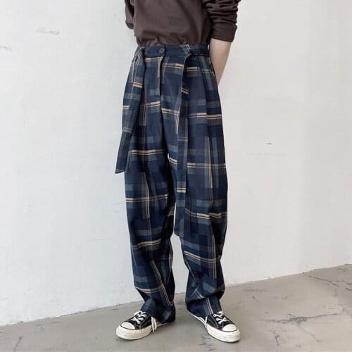 Retro High Waist Mens Casual Loose Wide Leg Trousers Checks Plaids Straight K3