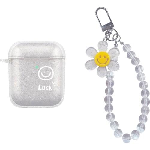 Glitter Smiley Luck Clear Soft Earphone Case for Apple AirPods 1 2 Pro Headset Protective Cover With Flower Bracelet Keychain