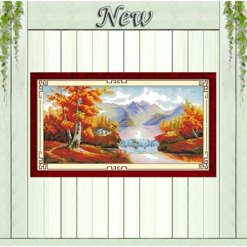Scene of golden autumn river NKF Counted print on fabric Cross Stitch Needlework kits DMC 14CT 11CT DIY Embroidery Sets painting