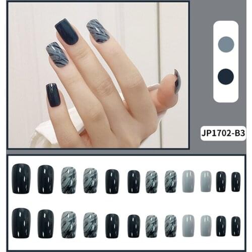 Fake Nails Long Square Head Blue and Gray Smudged Nail Stickers Finished Nail Stickers 24 Pcs With Glue