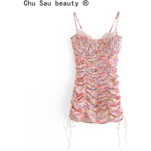 2021 New Fashion Summer Woman Slim Floral Printed Satin Elegant Holiday Sling Mini Dresses Pleated Waist Bottom Hip Dresses