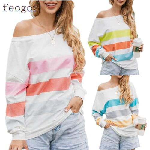 FEOGOR autumn and winter new womens printed striped wide-neck long-sleeved blouse Plus size top Summer casual womens clothing