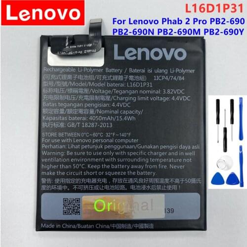 Original 4050mAh L16D1P31 Battery For Lenovo Phab 2 Pro PB2-690 PB2-690N PB2-690M PB2-690Y Batterij Batteries Bateria + Tools