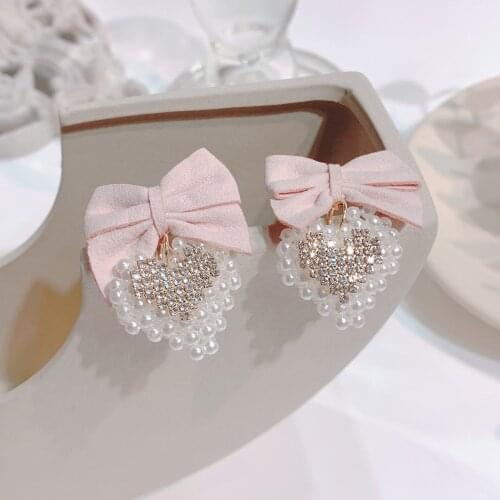 Simple Fabric Bowknot Heart-shaped Drop Earring Korean Fashion Rhinestone Pearl Earrings for Women Female Party Jewelry