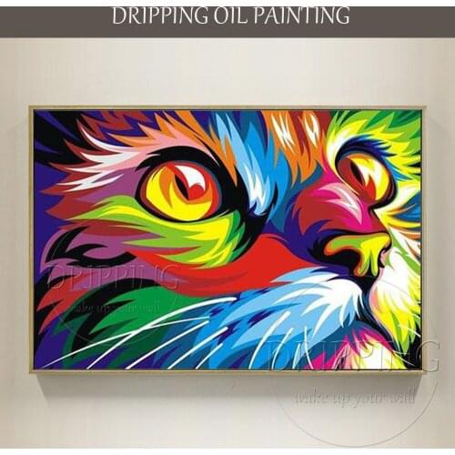New Modern Colorful Animal Cat Picture for Wall Decor Hand-painted Rich Colors Animal Cat Oil Painting for Living Room Decor