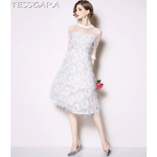 TESSCARA Women Summer Style Elegant White Mesh Dress Festa Female Fashion Designer Party Vestidos Retro Vintage Lace Robe Femme