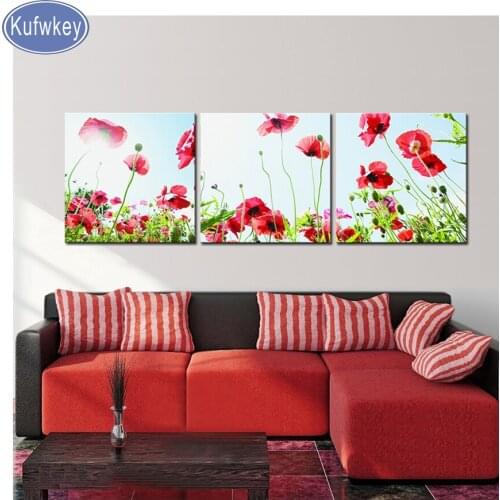 Triptych diy Diamond Embroidery Drill diamond Painting poppy flowers home Decoration 3d pictures for sitting room art 3pcs set