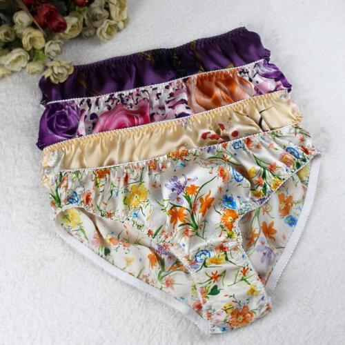 Pure Silk Floral Panties Women 100% Mulberry Silk Print Sexy Plus Size Briefs L XL XXL FREE SHIPPING