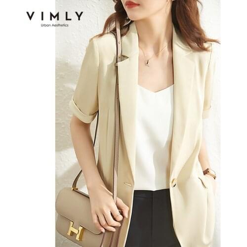 VIMLY Summer Women Jacket Elegant Lemon Yellow Blazers Office Lady Short Sleeve Thin Coat For Women Casual Suit Blazer F8113