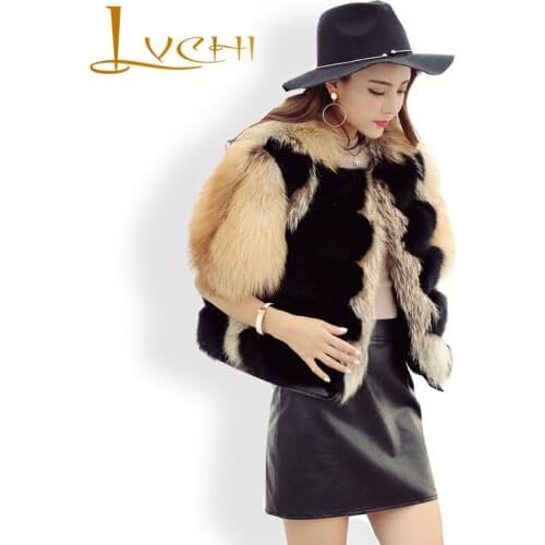 LVCHI Wide-waisted Short Jacket Park with natural fur real fox fur Female waistcoats Fashion Half sleeve women coats