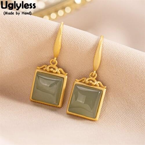 Uglyless Simple Gemstones Square Earrings for Women Real 925 Silver Natural Green Jade Earrings Minimalist Brincos Fashion Jewel