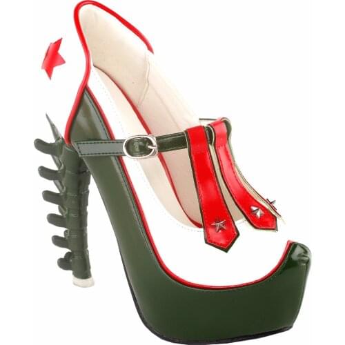 LF80662 SHOW STORY Ladies Army Green White Red Star Platform Bone Heel Party Club Pumps