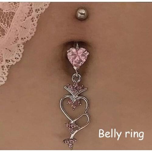 2000s Aesthetic Pink Shiny Crystal Heart Belly Rings Women Stainless Steel Vintage INS Body Piercing Y2K Accessories Egirl Style