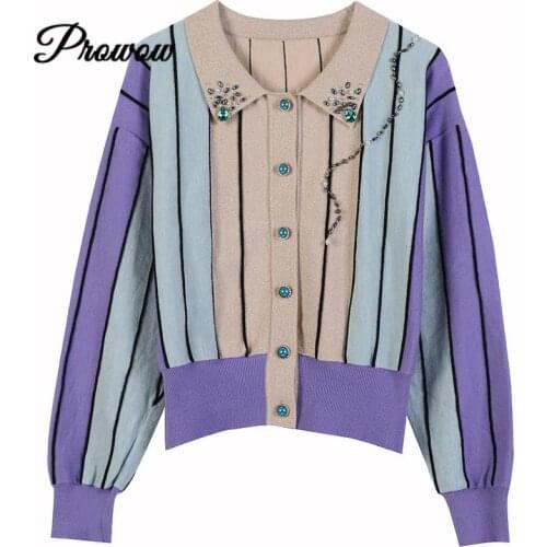 Winter Christmas New Women Sweater Luxury Long-sleeved Lapel Contrast Color Stripes Beaded Loose Knit Cardigan Jacket Clothes