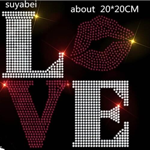 2pc/lot Love lips sticker iron on rhinestone transfer designs hot fix rhinestone transfer motifs patches for sweater