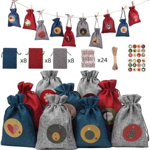 3Color 24Pcs/Set Christmas Linen Drawstring Bag Christmas Candy Bag Canvas Gift Bags New Year Xmas Nevidad 2022 Kids Gift