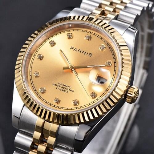 39.5mm New Parnis luxury Gold Dial Mens Watches Calendar Miyota 8215 Movement 21 Jewels Automatic Mechanical Men Wristwatch