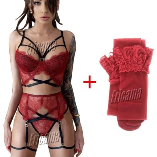 4pcs/Set Sexy Bra Panty Garter+sexy Stocking Sexy Lingerie Babydoll Erotic Underwear Porno Sex Transparent Lace Nightwear set