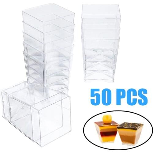 50pcs 120ml Plastic Cup Square Disposable Food Cup Cake Dessert Cups Cube Pudding Mousses Yougurt Jelly Container 5*5*7cm