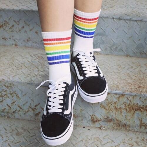 87HD Harajuku Rainbow Striped Stockings Cool Skateborad Long Socks Ankle Socks Female