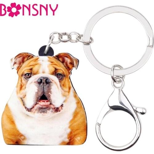 Bonsny Statement Acrylic British Bull Dog Key Chain Keychain Rings Cartoon Animal Jewelry For Women Girl Handbag Car Charms Gift