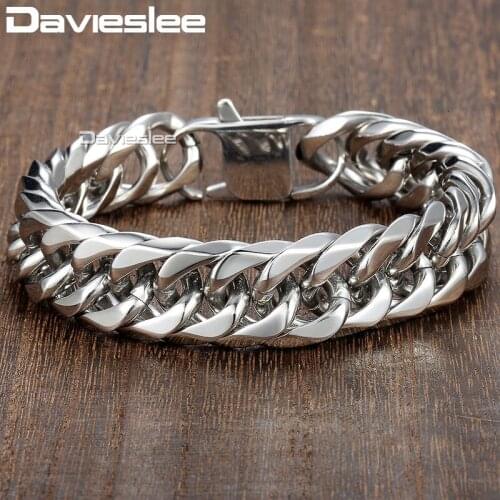 Davieslee 15mm Mens Bracelet Silver Color Curb Cuban Link 316L Stainless Steel Wristband Male Jewelry DLHB289
