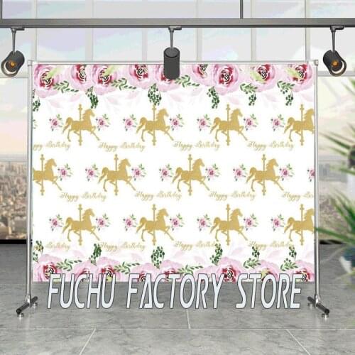 Princess Happy Birthday Background For Party Decoration Golden Horse Pink Flowers Rose Backdrop Dots Girl Birthday Banner Props