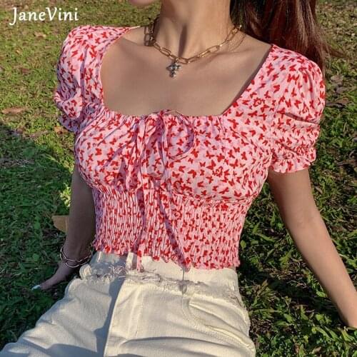JaneVini Fashion Sweet Floral Print Crop Top Square Collar Puff Short Sleeve Tie Up Sexy Blouses Shirts 2021 Summer Women Tops