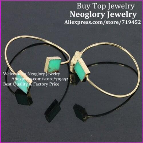 New style! 3PCS Gold color Nature Green Australia Pure Gem Cuff Bangle Bracelet Two Chrysoprase Druzy Stone Charm Bangle