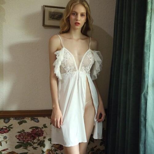 White Sleep Wear for Women Off Shoulder Ruffled Sling Pajamas Openwork Ice Silk Side Split Sexy Lingerie Satin Lace Nightdress